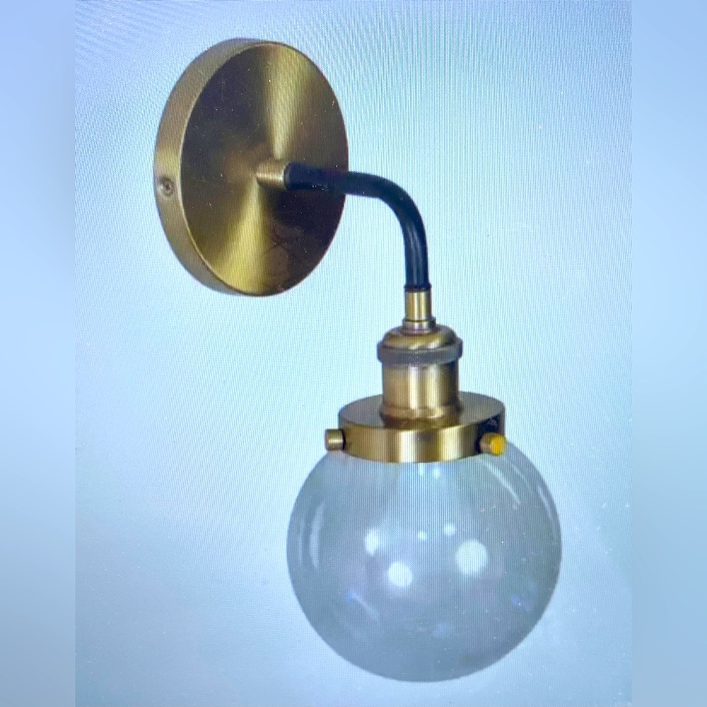 NIB- GORGEOUS BRASS WALL SCONCE WITH BLACK ARM AND GLASS GLOBE